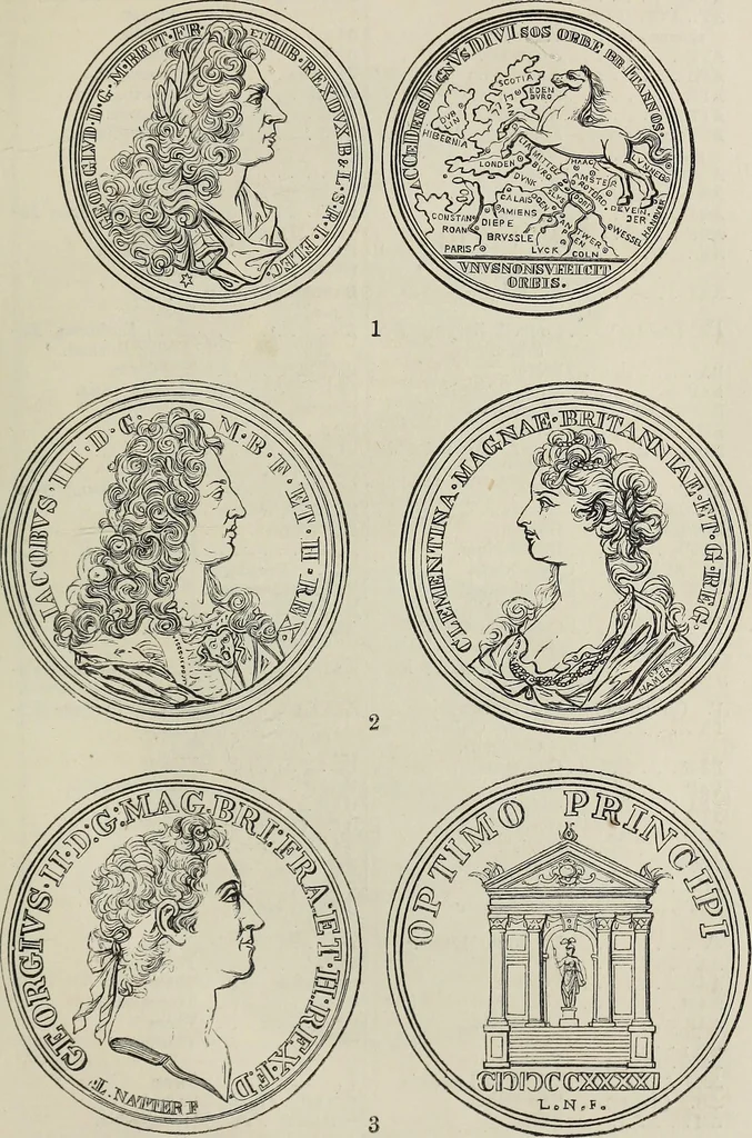 An illustration from Coins, medals, and seals, ancient and modern. Illustrated and described. With a sketch of the history of coins and coinage, instructions for young collectors, tables of comparative rarity, price lists of English and American coins, medals and tokens, &c., &c, 1861, leaf 180