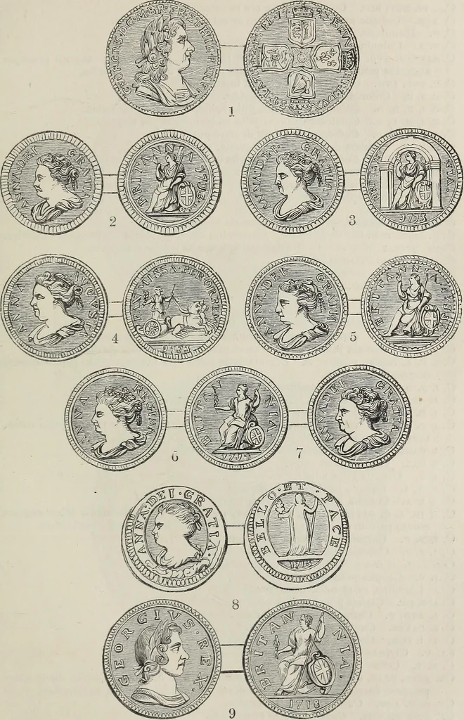 An illustration from Coins, medals, and seals, ancient and modern. Illustrated and described. With a sketch of the history of coins and coinage, instructions for young collectors, tables of comparative rarity, price lists of English and American coins, medals and tokens, &c., &c, 1861, leaf 192