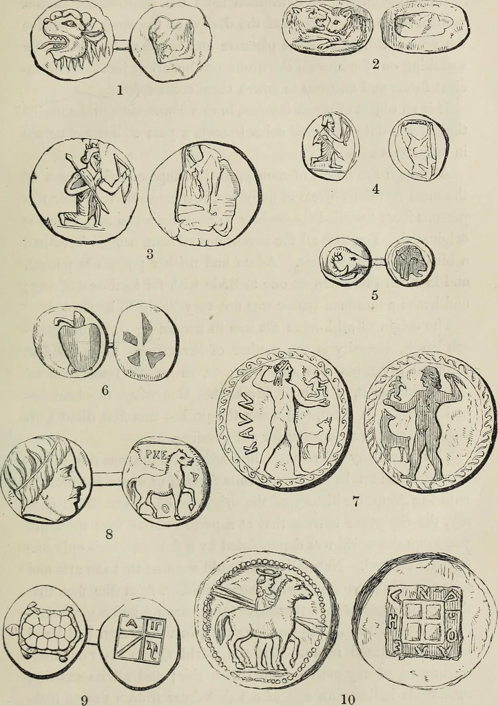 An illustration from Coins, medals, and seals, ancient and modern. Illustrated and described. With a sketch of the history of coins and coinage, instructions for young collectors, tables of comparative rarity, price lists of English and American coins, medals and tokens, &c., &c, 1861, leaf 20