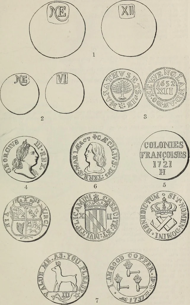 An illustration from Coins, medals, and seals, ancient and modern. Illustrated and described. With a sketch of the history of coins and coinage, instructions for young collectors, tables of comparative rarity, price lists of English and American coins, medals and tokens, &c., &c, 1861, leaf 214