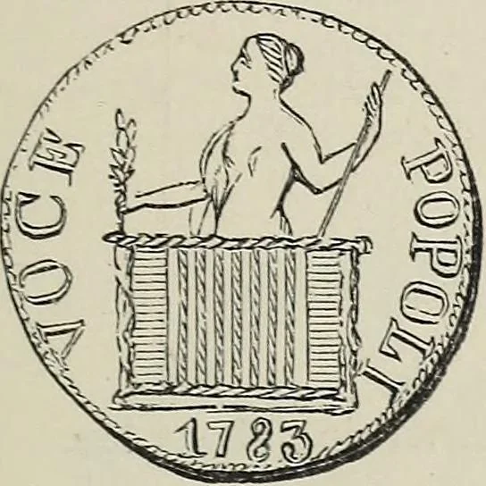 An illustration from Coins, medals, and seals, ancient and modern. Illustrated and described. With a sketch of the history of coins and coinage, instructions for young collectors, tables of comparative rarity, price lists of English and American coins, medals and tokens, &c., &c, 1861, leaf 222