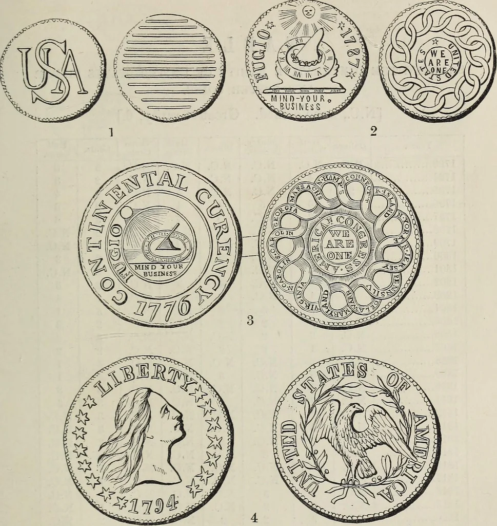 An illustration from Coins, medals, and seals, ancient and modern. Illustrated and described. With a sketch of the history of coins and coinage, instructions for young collectors, tables of comparative rarity, price lists of English and American coins, medals and tokens, &c., &c, 1861, leaf 234