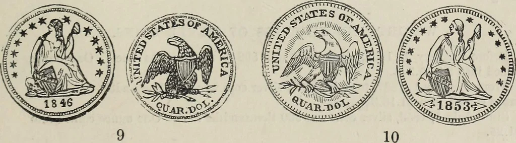 An illustration from Coins, medals, and seals, ancient and modern. Illustrated and described. With a sketch of the history of coins and coinage, instructions for young collectors, tables of comparative rarity, price lists of English and American coins, medals and tokens, &c., &c, 1861, leaf 238