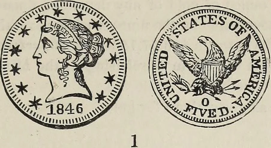 An illustration from Coins, medals, and seals, ancient and modern. Illustrated and described. With a sketch of the history of coins and coinage, instructions for young collectors, tables of comparative rarity, price lists of English and American coins, medals and tokens, &c., &c, 1861, leaf 242