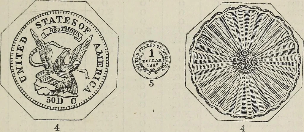 An illustration from Coins, medals, and seals, ancient and modern. Illustrated and described. With a sketch of the history of coins and coinage, instructions for young collectors, tables of comparative rarity, price lists of English and American coins, medals and tokens, &c., &c, 1861, leaf 242