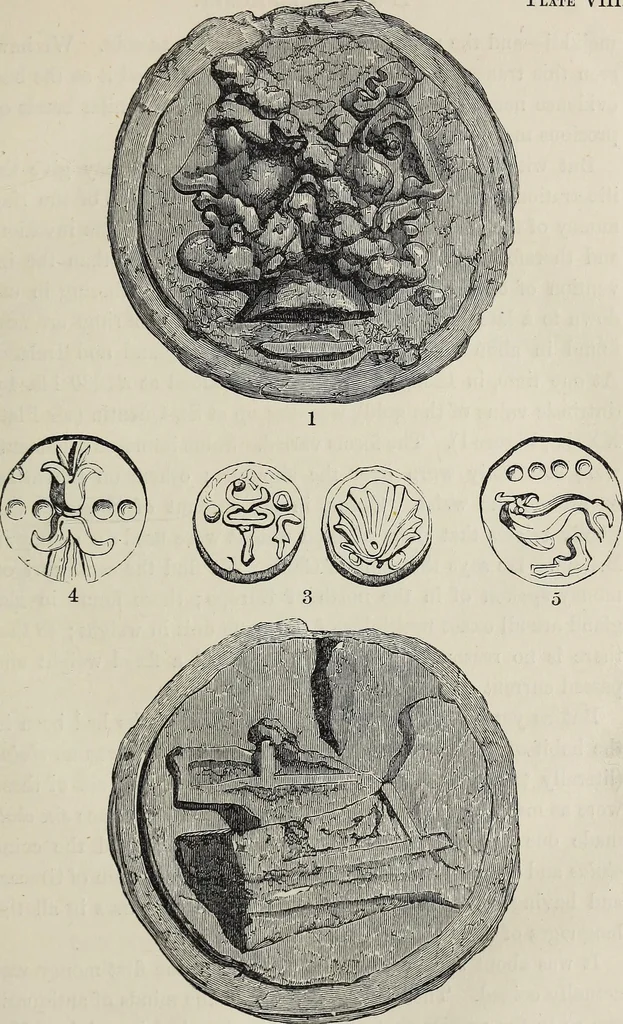 An illustration from Coins, medals, and seals, ancient and modern. Illustrated and described. With a sketch of the history of coins and coinage, instructions for young collectors, tables of comparative rarity, price lists of English and American coins, medals and tokens, &c., &c, 1861, leaf 32