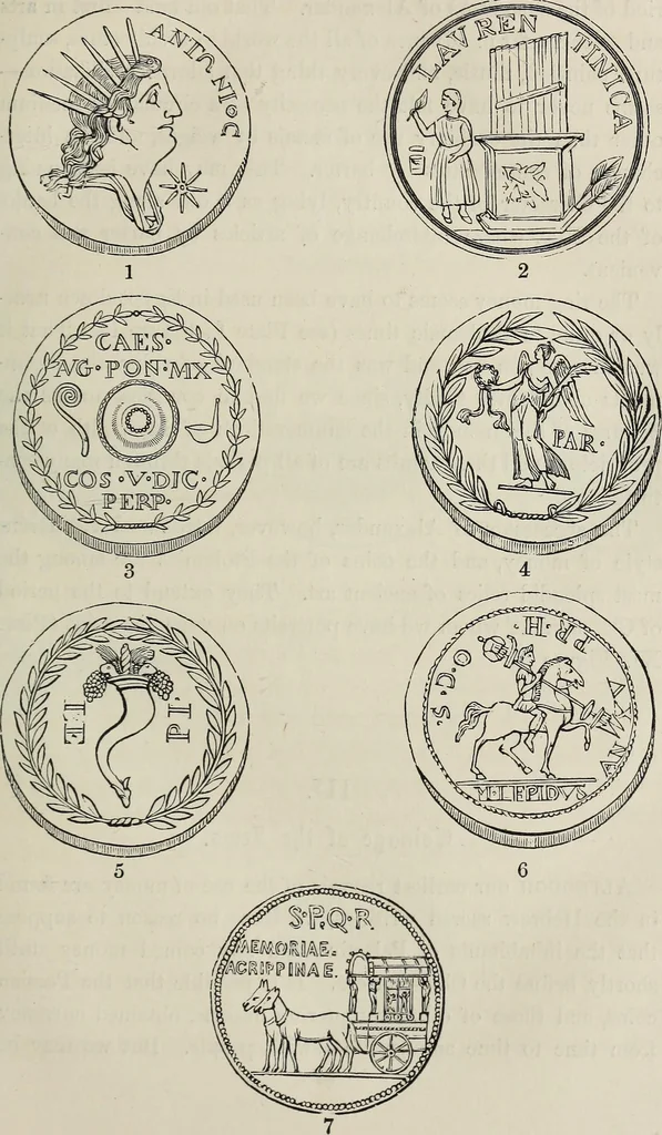 An illustration from Coins, medals, and seals, ancient and modern. Illustrated and described. With a sketch of the history of coins and coinage, instructions for young collectors, tables of comparative rarity, price lists of English and American coins, medals and tokens, &c., &c, 1861, leaf 44