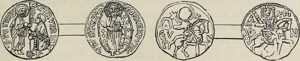 An illustration from Coins, medals, and seals, ancient and modern. Illustrated and described. With a sketch of the history of coins and coinage, instructions for young collectors, tables of comparative rarity, price lists of English and American coins, medals and tokens, &c., &c, 1861, leaf 54