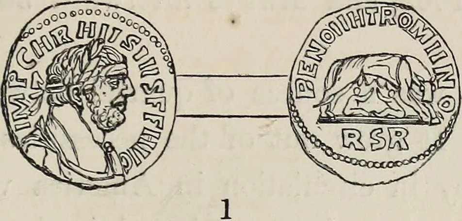 An illustration from Coins, medals, and seals, ancient and modern. Illustrated and described. With a sketch of the history of coins and coinage, instructions for young collectors, tables of comparative rarity, price lists of English and American coins, medals and tokens, &c., &c, 1861, leaf 70