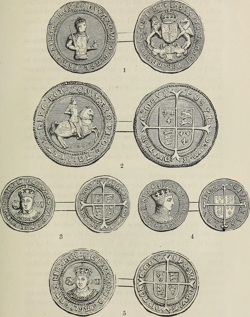 An illustration from Coins, medals, and seals, ancient and modern. Illustrated and described. With a sketch of the history of coins and coinage, instructions for young collectors, tables of comparative rarity, price lists of English and American coins, medals and tokens, &c., &c, 1861, leaf 98