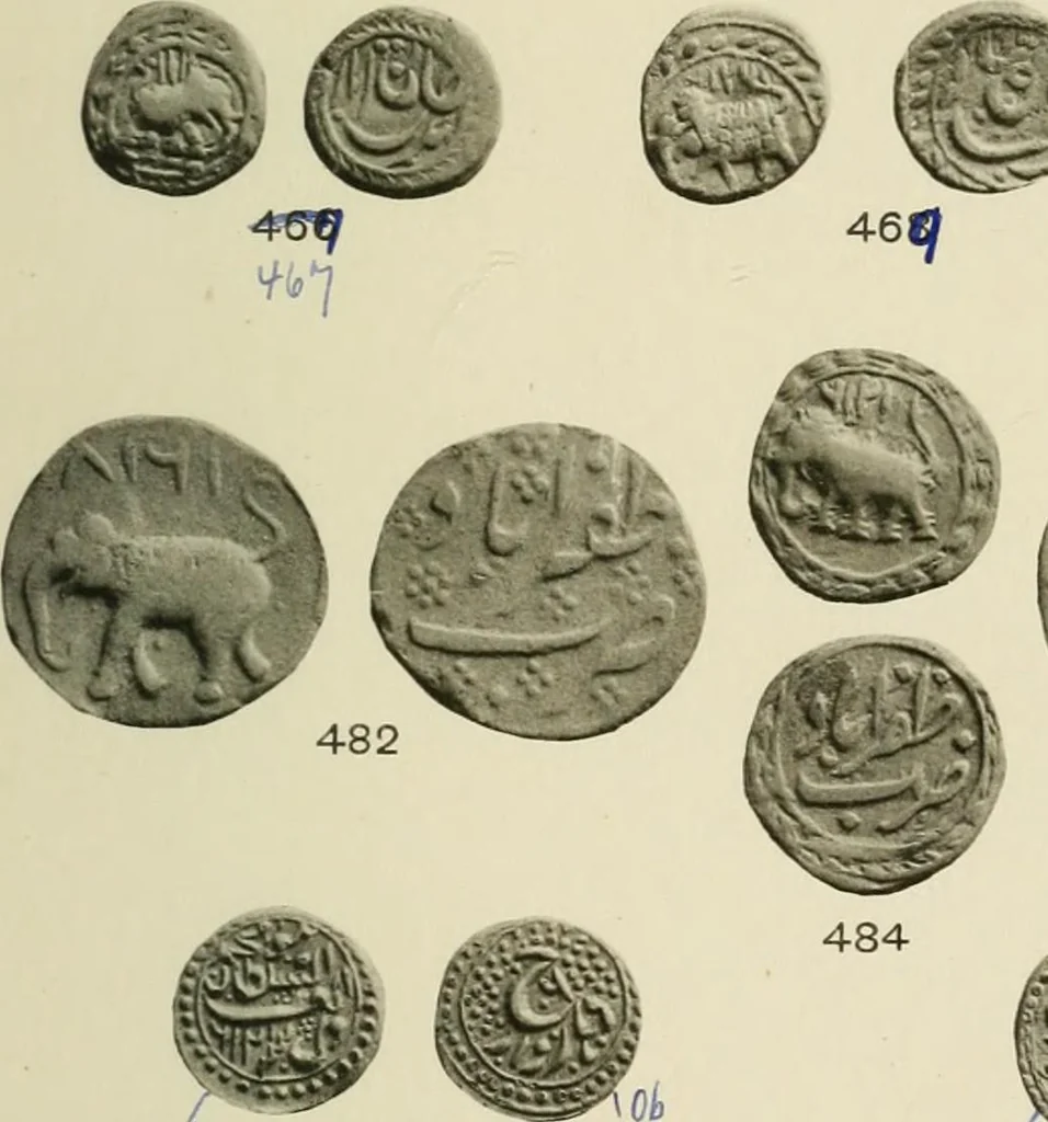 An illustration from The coins of Haidar Ali and Tipu Sultan, 1921, leaf 156