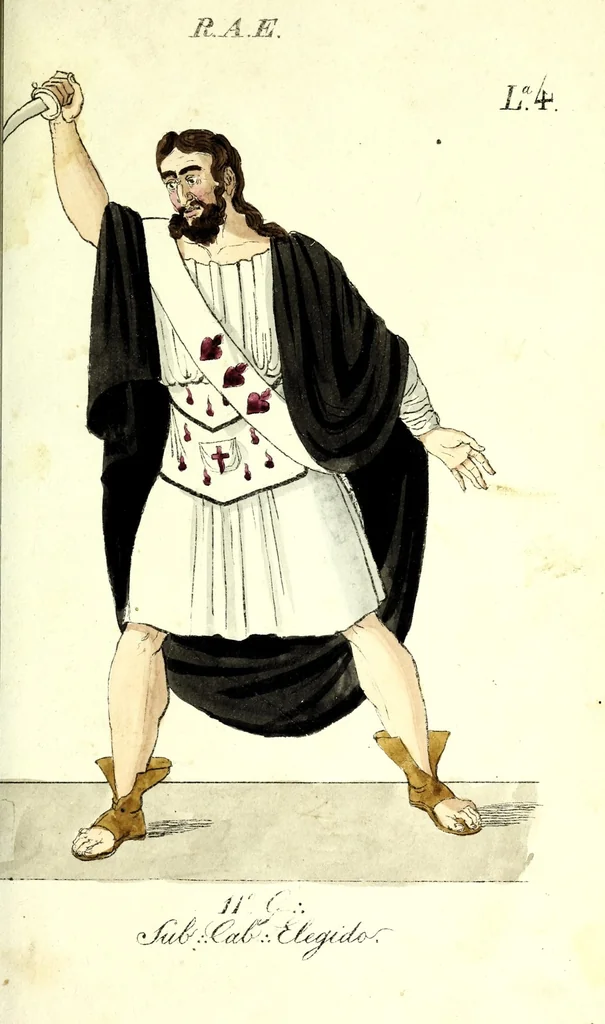 An illustration from Colección de los principales trages y adornos de los diferentes ritos mazonicos conocidos desde la época de su fundación, seguida de las reglas mas remarcables de los miembros de las diferentes sociedades secretas, y precedida de un compendio histórico de ellas, 1822, leaf 33