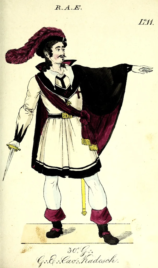An illustration from Colección de los principales trages y adornos de los diferentes ritos mazonicos conocidos desde la época de su fundación, seguida de las reglas mas remarcables de los miembros de las diferentes sociedades secretas, y precedida de un compendio histórico de ellas, 1822, leaf 47