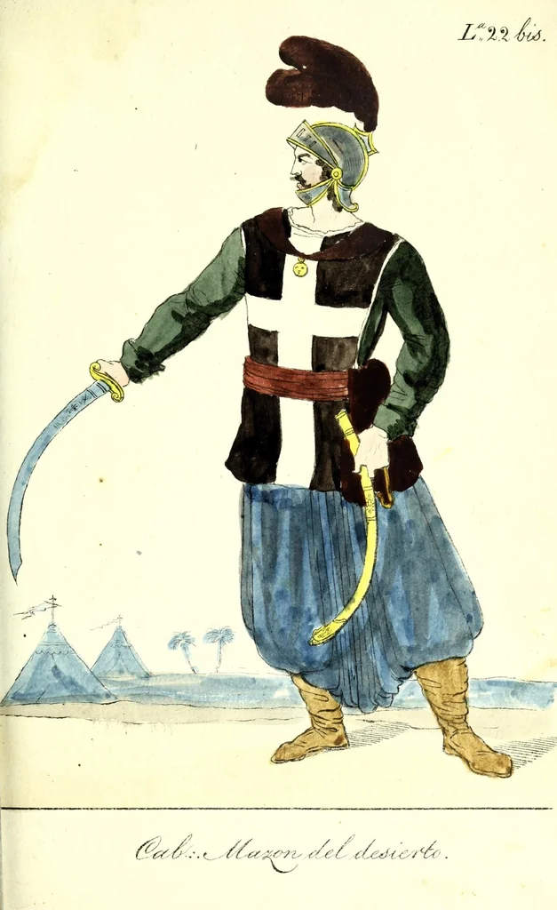 An illustration from Colección de los principales trages y adornos de los diferentes ritos mazonicos conocidos desde la época de su fundación, seguida de las reglas mas remarcables de los miembros de las diferentes sociedades secretas, y precedida de un compendio histórico de ellas, 1822, leaf 71