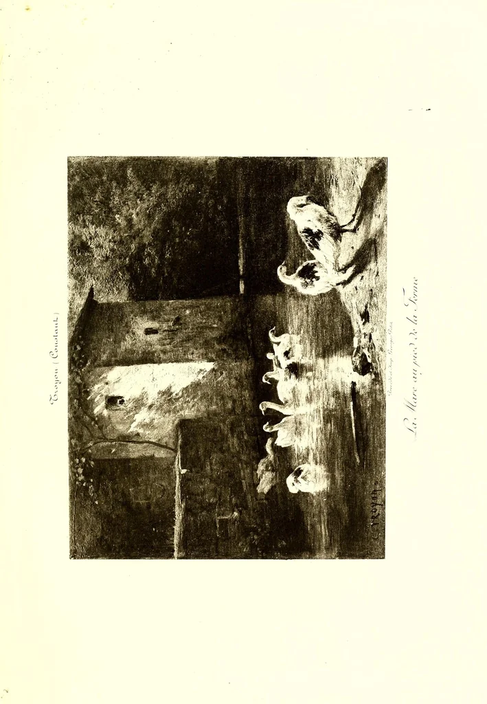 An illustration from Collection John Balli, de Londres : Catalogue des importants tableaux modernes aquarelles & pastels par Bonheur (Rosa), Corot, Daubigny (Ch.), Delacroix (Eug.). Dias (N.), Harpignies, Isabey (E.), Lhermitte (Leon), Rousseau (Th.), Schreyer, Troyon (C.), Veyrassat, Van Marcke, Whistler, Importante aquarelle de Meissonier, 1807, 1913, leaf 127