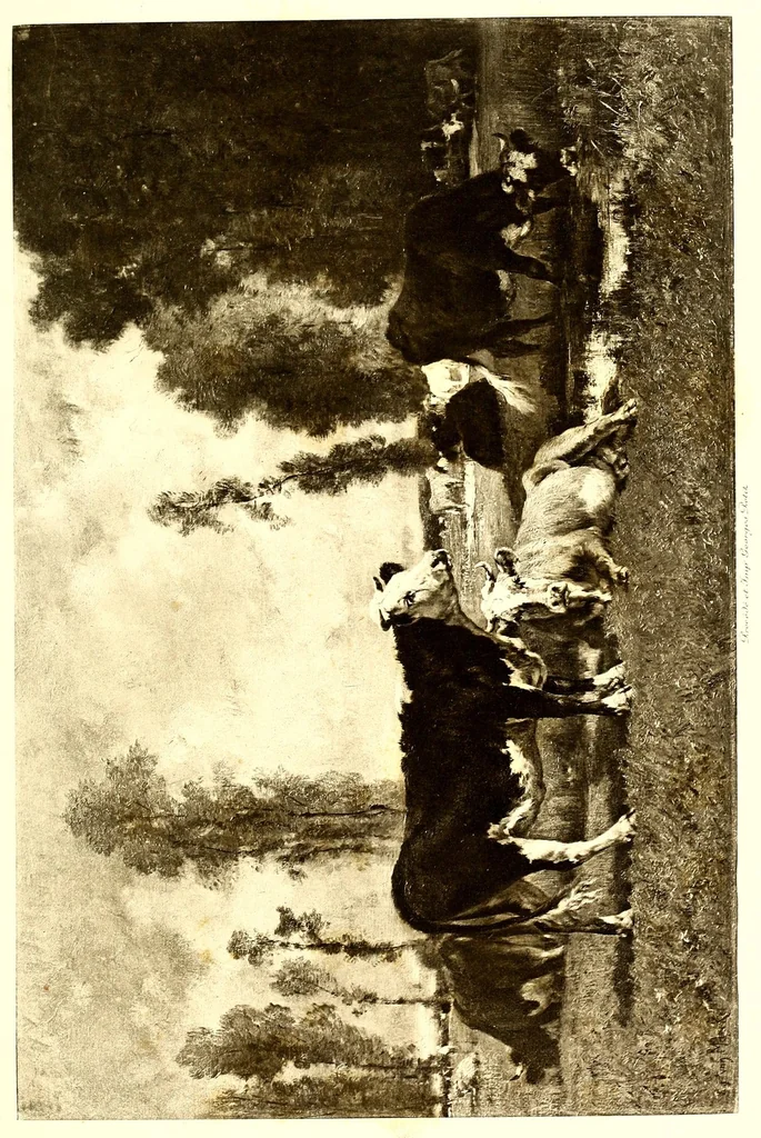 An illustration from Collection John Balli, de Londres : Catalogue des importants tableaux modernes aquarelles & pastels par Bonheur (Rosa), Corot, Daubigny (Ch.), Delacroix (Eug.). Dias (N.), Harpignies, Isabey (E.), Lhermitte (Leon), Rousseau (Th.), Schreyer, Troyon (C.), Veyrassat, Van Marcke, Whistler, Importante aquarelle de Meissonier, 1807, 1913, leaf 137