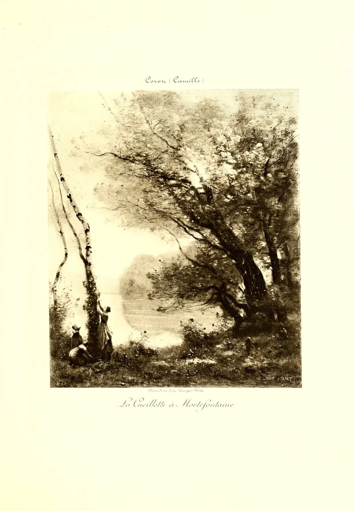 An illustration from Collection John Balli, de Londres : Catalogue des importants tableaux modernes aquarelles & pastels par Bonheur (Rosa), Corot, Daubigny (Ch.), Delacroix (Eug.). Dias (N.), Harpignies, Isabey (E.), Lhermitte (Leon), Rousseau (Th.), Schreyer, Troyon (C.), Veyrassat, Van Marcke, Whistler, Importante aquarelle de Meissonier, 1807, 1913, leaf 23
