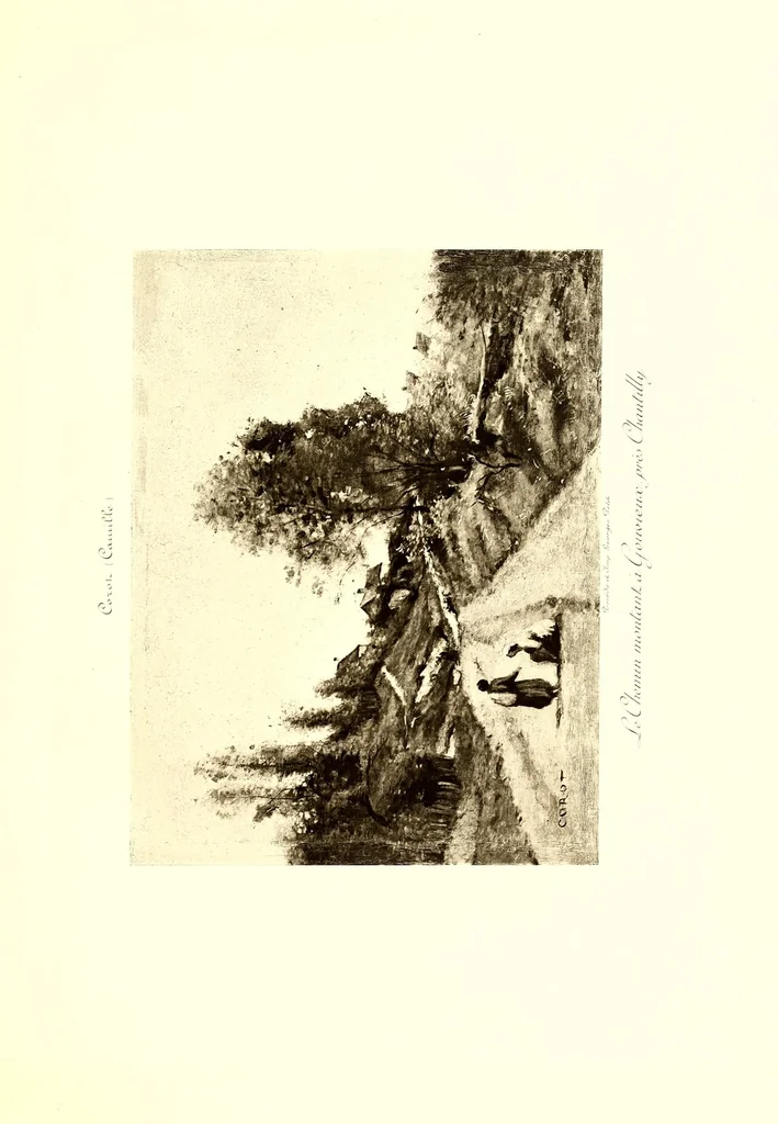 An illustration from Collection John Balli, de Londres : Catalogue des importants tableaux modernes aquarelles & pastels par Bonheur (Rosa), Corot, Daubigny (Ch.), Delacroix (Eug.). Dias (N.), Harpignies, Isabey (E.), Lhermitte (Leon), Rousseau (Th.), Schreyer, Troyon (C.), Veyrassat, Van Marcke, Whistler, Importante aquarelle de Meissonier, 1807, 1913, leaf 33