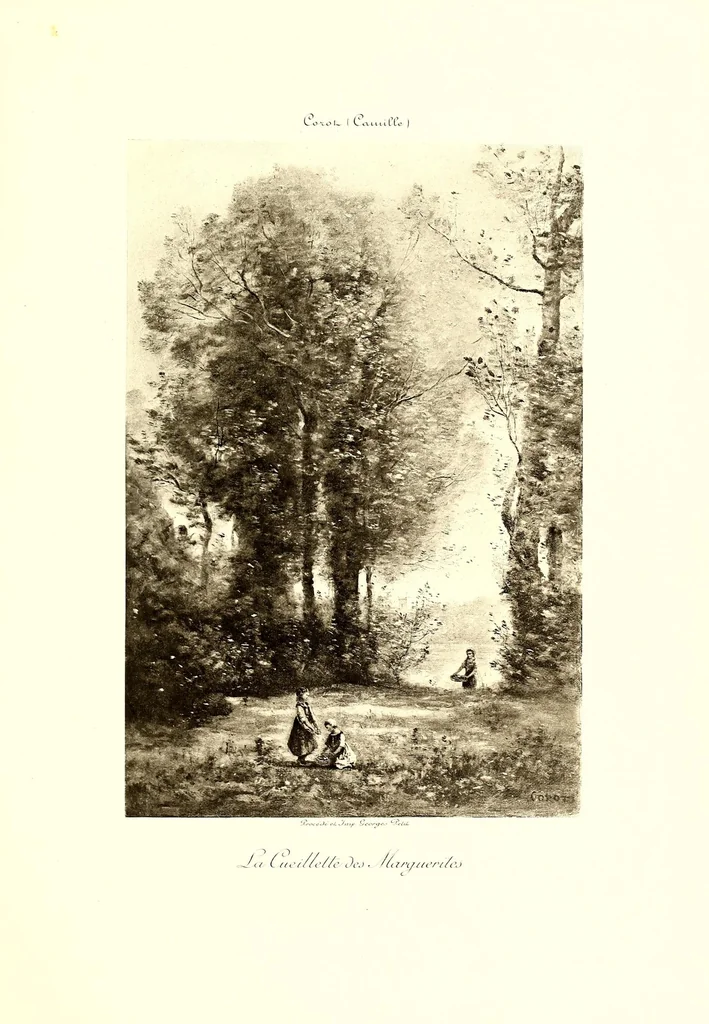 An illustration from Collection John Balli, de Londres : Catalogue des importants tableaux modernes aquarelles & pastels par Bonheur (Rosa), Corot, Daubigny (Ch.), Delacroix (Eug.). Dias (N.), Harpignies, Isabey (E.), Lhermitte (Leon), Rousseau (Th.), Schreyer, Troyon (C.), Veyrassat, Van Marcke, Whistler, Importante aquarelle de Meissonier, 1807, 1913, leaf 53