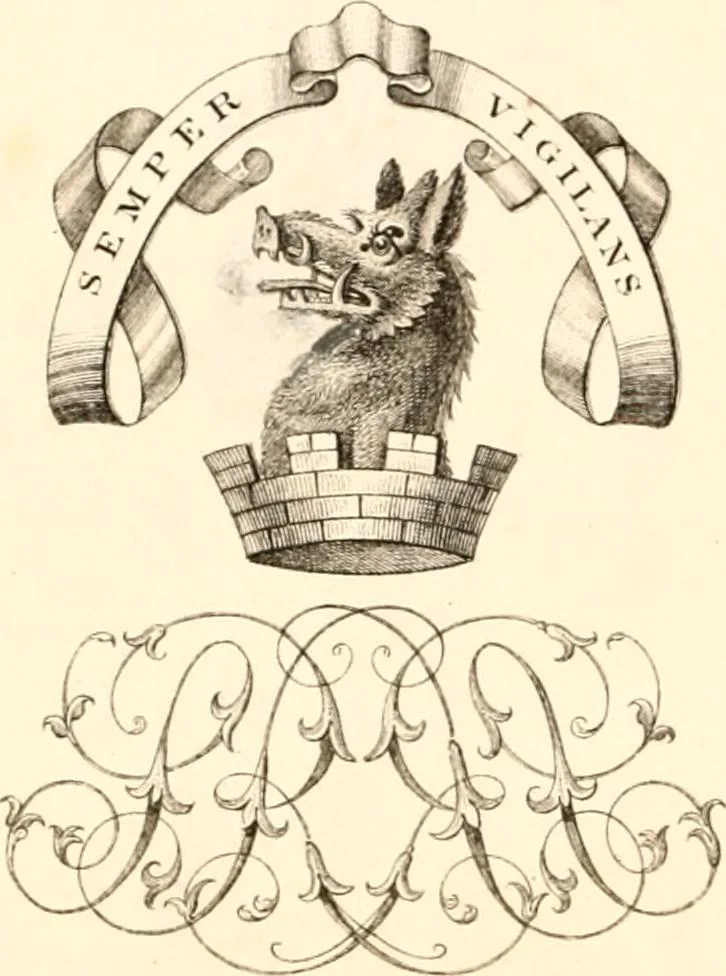 An illustration from A collection of armorial bearings, inscriptions, etc., in the Church of St. Nicholas, Newcastle on Tyne, and chapelries of Gosforth & Cramlington, Northumberland. To which is prefixed a historical account of the Church of St. Nicholas, 1820, leaf 1