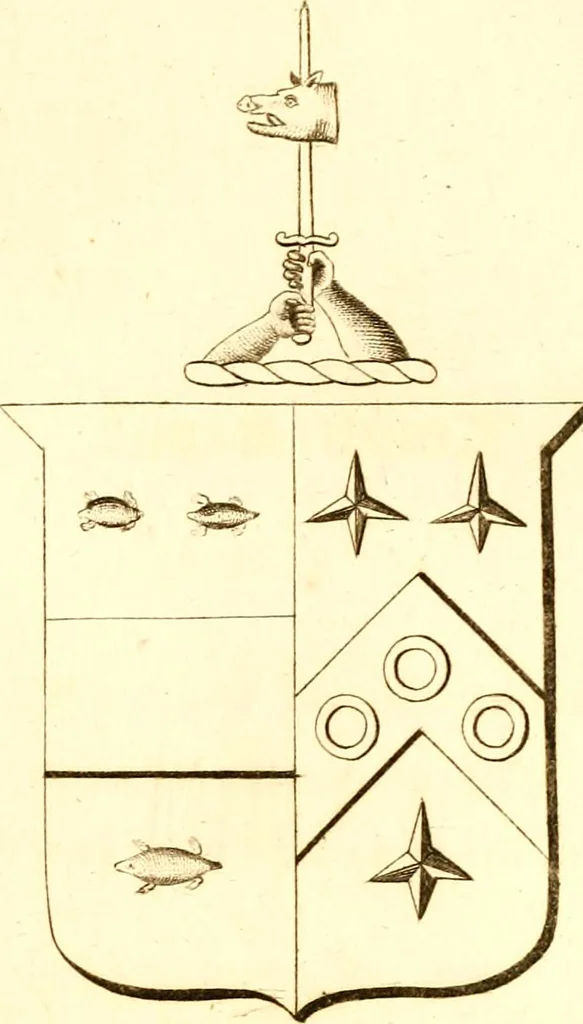 An illustration from A collection of armorial bearings, inscriptions, etc., in the Church of St. Nicholas, Newcastle on Tyne, and chapelries of Gosforth & Cramlington, Northumberland. To which is prefixed a historical account of the Church of St. Nicholas, 1820, leaf 180