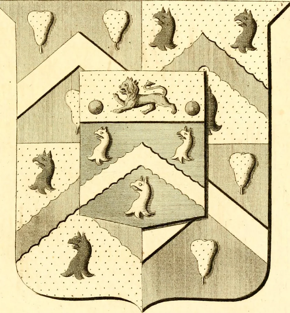 An illustration from A collection of armorial bearings, inscriptions, etc., in the Church of St. Nicholas, Newcastle on Tyne, and chapelries of Gosforth & Cramlington, Northumberland. To which is prefixed a historical account of the Church of St. Nicholas, 1820, leaf 188
