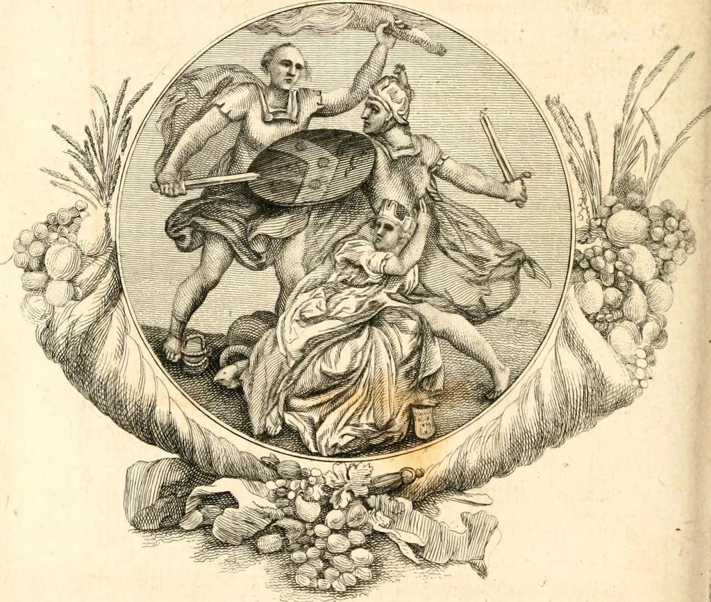 An illustration from A collection of armorial bearings, inscriptions, etc., in the Church of St. Nicholas, Newcastle on Tyne, and chapelries of Gosforth & Cramlington, Northumberland. To which is prefixed a historical account of the Church of St. Nicholas, 1820, leaf 195