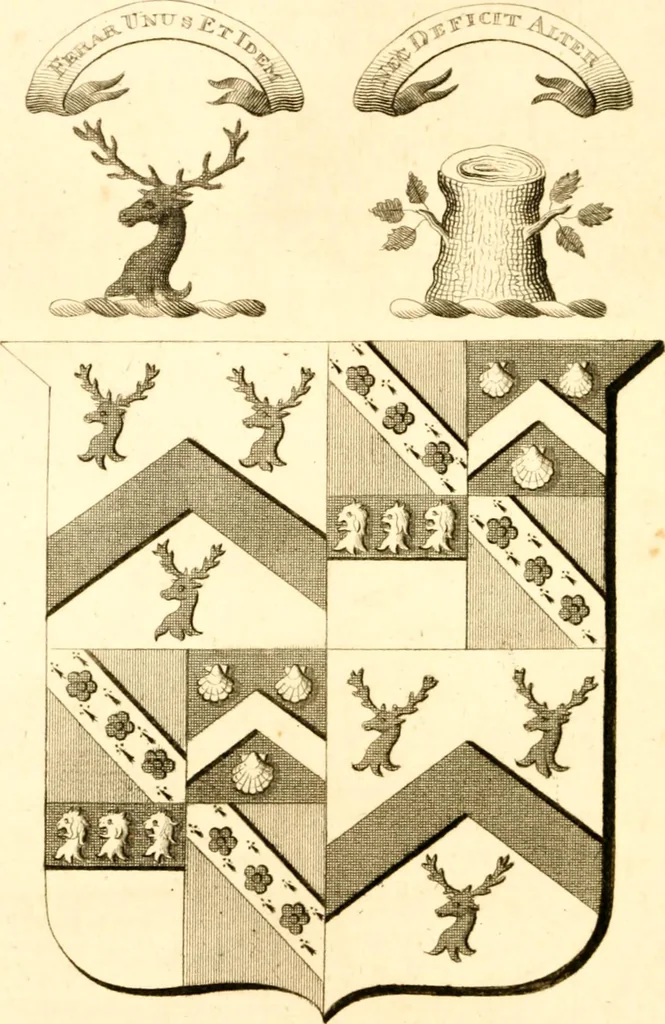 An illustration from A collection of armorial bearings, inscriptions, etc., in the Church of St. Nicholas, Newcastle on Tyne, and chapelries of Gosforth & Cramlington, Northumberland. To which is prefixed a historical account of the Church of St. Nicholas, 1820, leaf 201