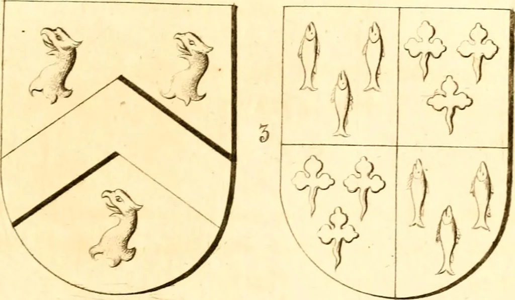 An illustration from A collection of armorial bearings, inscriptions, etc., in the Church of St. Nicholas, Newcastle on Tyne, and chapelries of Gosforth & Cramlington, Northumberland. To which is prefixed a historical account of the Church of St. Nicholas, 1820, leaf 204
