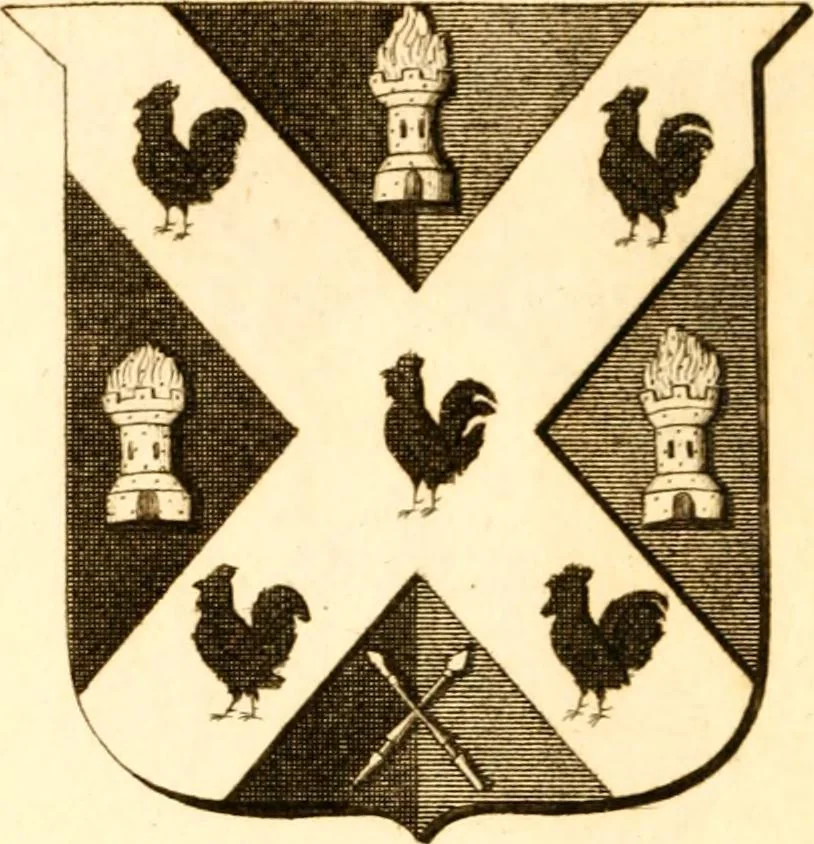 An illustration from A collection of armorial bearings, inscriptions, etc., in the Church of St. Nicholas, Newcastle on Tyne, and chapelries of Gosforth & Cramlington, Northumberland. To which is prefixed a historical account of the Church of St. Nicholas, 1820, leaf 305