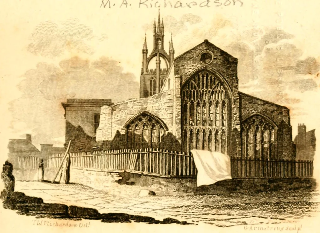 An illustration from A collection of armorial bearings, inscriptions, etc., in the Church of St. Nicholas, Newcastle on Tyne, and chapelries of Gosforth & Cramlington, Northumberland. To which is prefixed a historical account of the Church of St. Nicholas, 1820, leaf 4