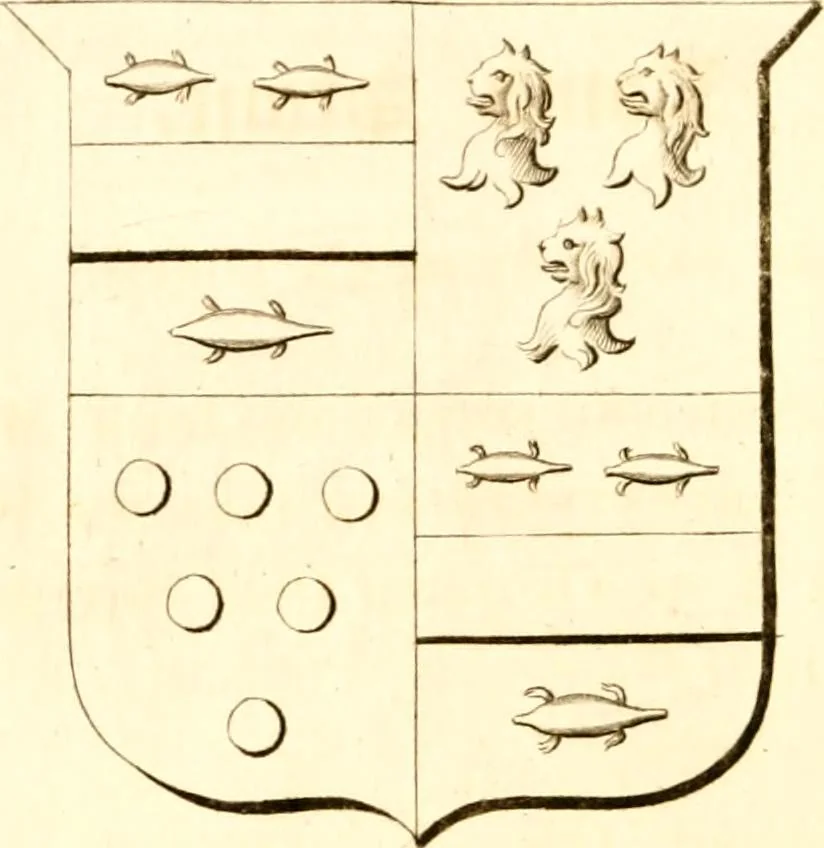 An illustration from A collection of armorial bearings, inscriptions, etc., in the Church of St. Nicholas, Newcastle on Tyne, and chapelries of Gosforth & Cramlington, Northumberland. To which is prefixed a historical account of the Church of St. Nicholas, 1820, leaf 75