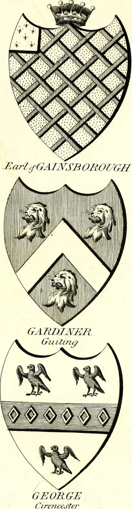 An illustration from A Collection of coats of arms borne by the nobility and gentry of the county of Glocester, 1792, leaf 100