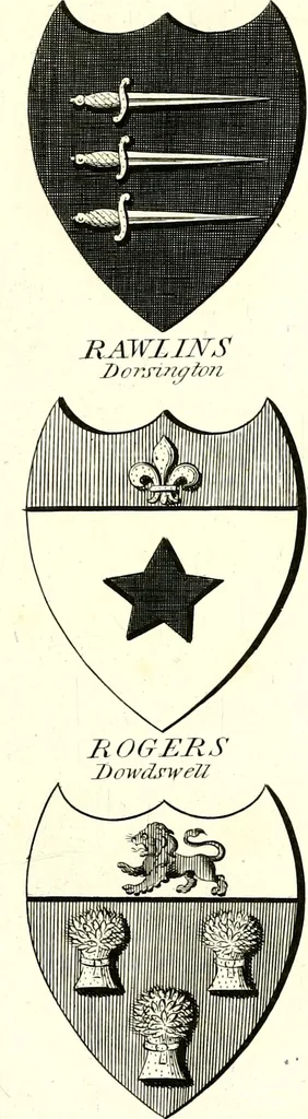 An illustration from A Collection of coats of arms borne by the nobility and gentry of the county of Glocester, 1792, leaf 142