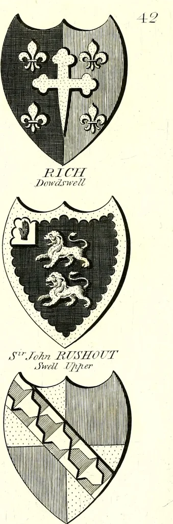 An illustration from A Collection of coats of arms borne by the nobility and gentry of the county of Glocester, 1792, leaf 142