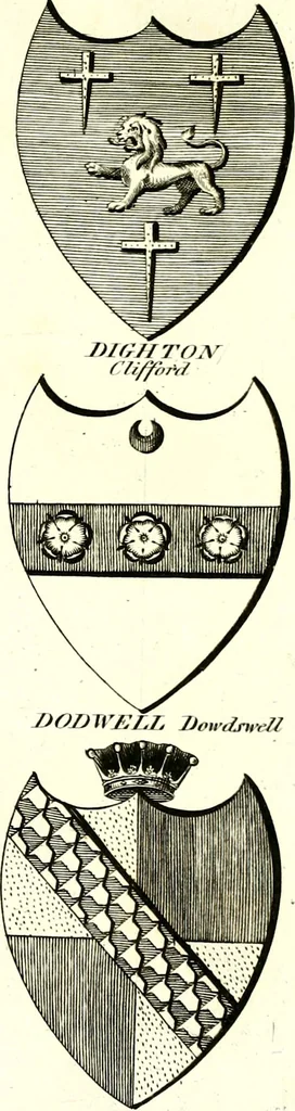An illustration from A Collection of coats of arms borne by the nobility and gentry of the county of Glocester, 1792, leaf 90