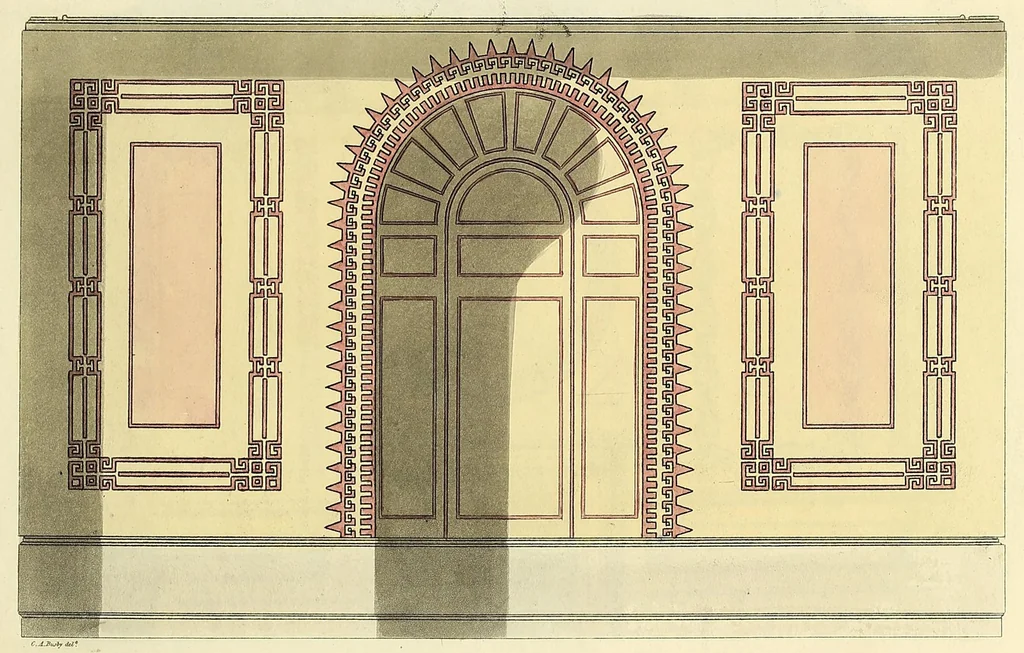 An illustration from A collection of designs for modern embellishments : suitable to parlours, dining & drawing rooms, folding doors, chimney pieces, varandas, frizes, &c. on 25 plates, 1834, leaf 11