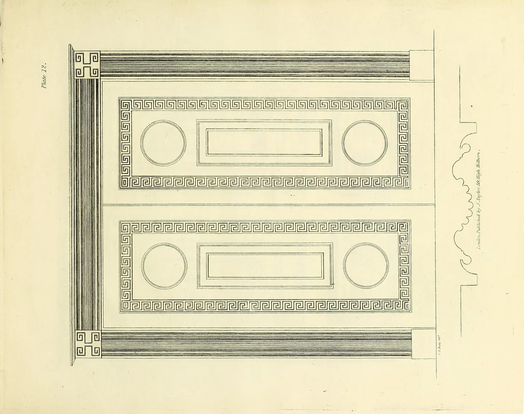 An illustration from A collection of designs for modern embellishments : suitable to parlours, dining & drawing rooms, folding doors, chimney pieces, varandas, frizes, &c. on 25 plates, 1834, leaf 27