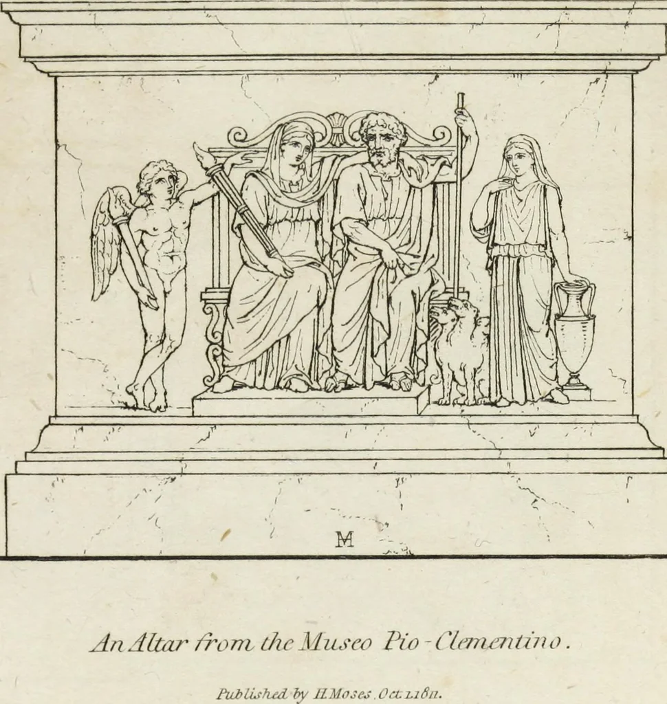 An illustration from A collection of vases, altars, paterae, tripods, candelabra sarcophagi, &c. from various museums and collections : engraved on 170 plates, 1814, leaf 136