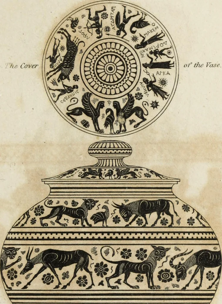 An illustration from A collection of vases, altars, paterae, tripods, candelabra sarcophagi, &c. from various museums and collections : engraved on 170 plates, 1814, leaf 36