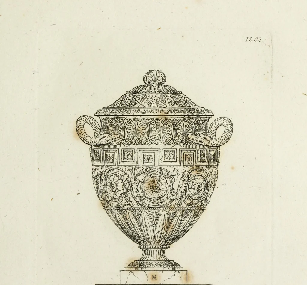 An illustration from A collection of vases, altars, paterae, tripods, candelabra sarcophagi, &c. from various museums and collections : engraved on 170 plates, 1814, leaf 94