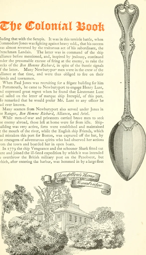 An illustration from The colonial book of the Towle Mfg. Co. Which is intended to delineate and describe some quaint and historic places in Newburyport and vicinity and show the origin and beauty of the colonial pattern of silverware, 1898, leaf 18