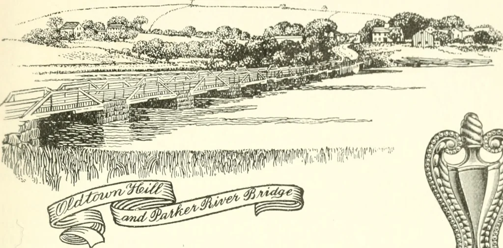 An illustration from The colonial book of the Towle Mfg. Co. Which is intended to delineate and describe some quaint and historic places in Newburyport and vicinity and show the origin and beauty of the colonial pattern of silverware, 1898, leaf 20