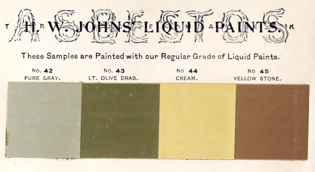 An illustration from Color card : February 1894, H.W. Johns M'f'g Co., manufacturers of the standard paints for structural purposes, roof paints, wood stains, varnishes, etc., 1894, leaf 4