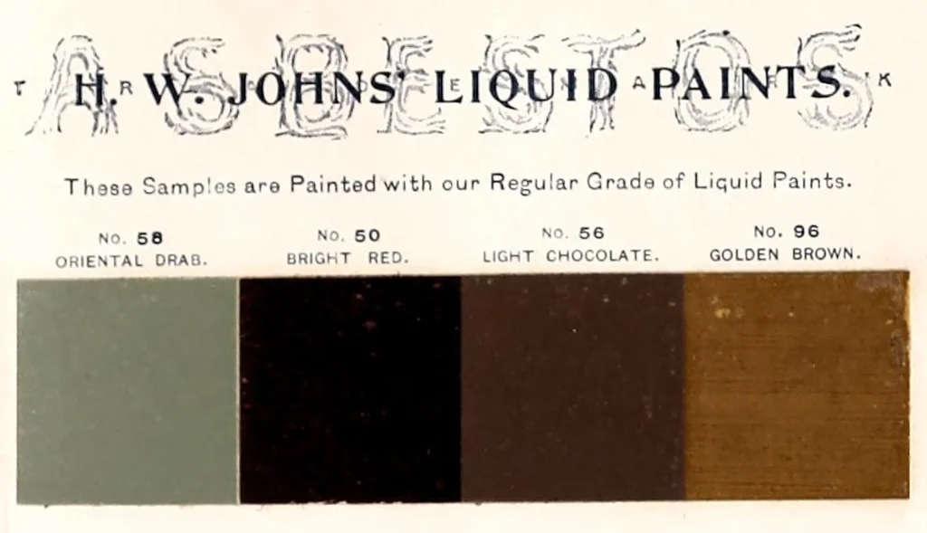 An illustration from Color card : February 1894, H.W. Johns M'f'g Co., manufacturers of the standard paints for structural purposes, roof paints, wood stains, varnishes, etc., 1894, leaf 5