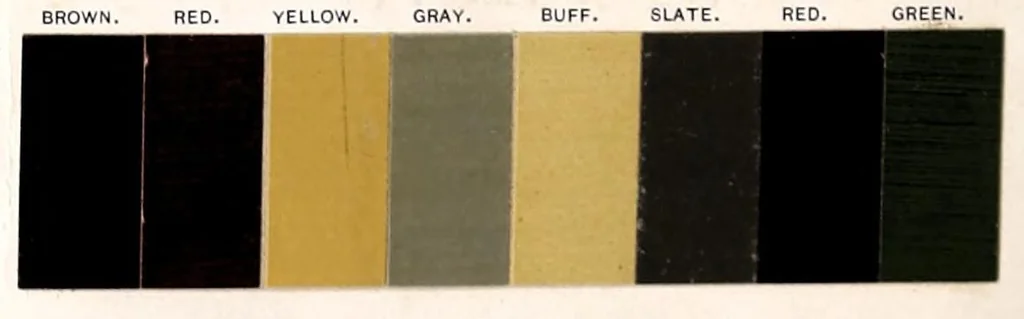 An illustration from Color card : February 1894, H.W. Johns M'f'g Co., manufacturers of the standard paints for structural purposes, roof paints, wood stains, varnishes, etc., 1894, leaf 6