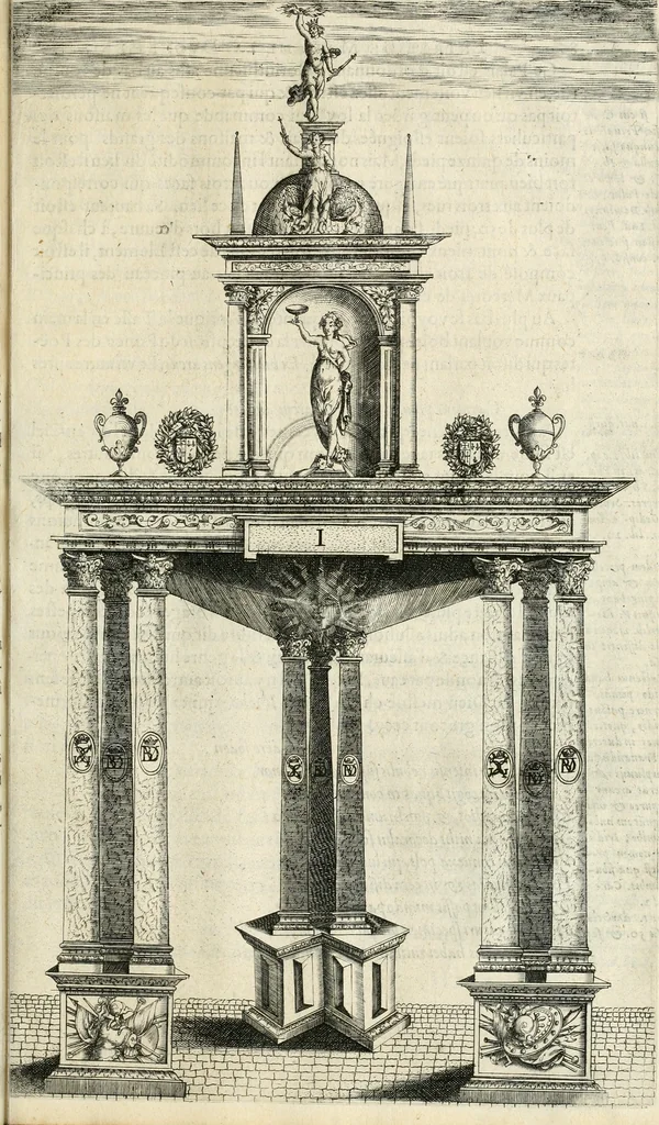 An illustration from Combat d'honneur concerte par les IIII. elemens sur l'heureuse entrée de Madame la duchesse de La Valette en la ville de Metz : ensemble la resiouyssance publicq. concertee par les habitans de la ville, et du pays sur le mesme sujet, 1627, leaf 112