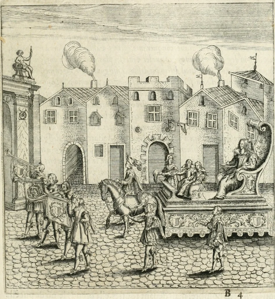 An illustration from Combat d'honneur concerte par les IIII. elemens sur l'heureuse entrée de Madame la duchesse de La Valette en la ville de Metz : ensemble la resiouyssance publicq. concertee par les habitans de la ville, et du pays sur le mesme sujet, 1627, leaf 36