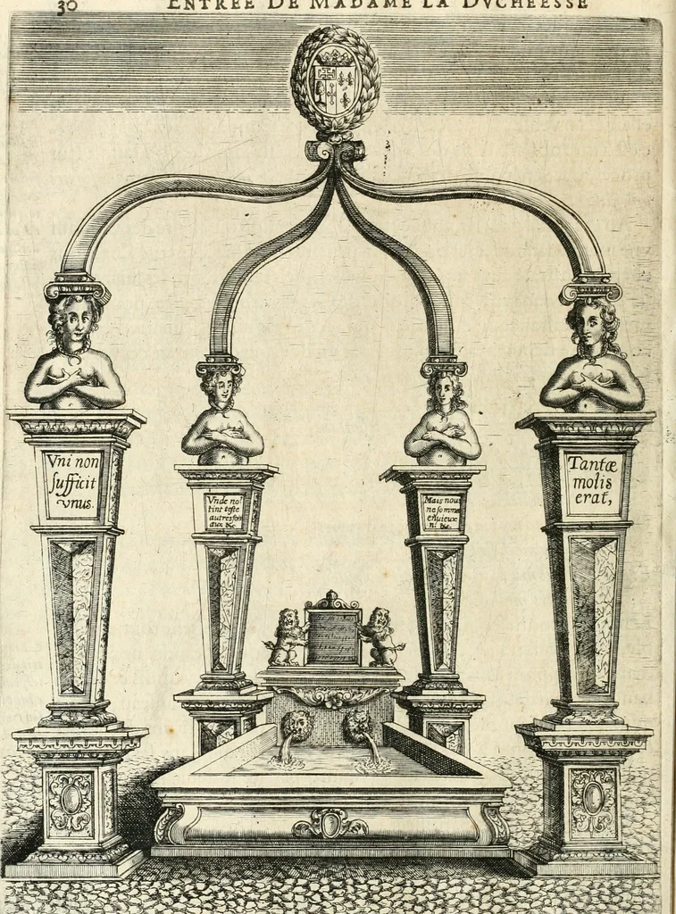 An illustration from Combat d'honneur concerte par les IIII. elemens sur l'heureuse entrée de Madame la duchesse de La Valette en la ville de Metz : ensemble la resiouyssance publicq. concertee par les habitans de la ville, et du pays sur le mesme sujet, 1627, leaf 53