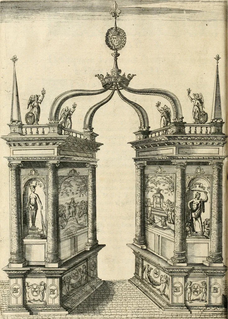 An illustration from Combat d'honneur concerte par les IIII. elemens sur l'heureuse entrée de Madame la duchesse de La Valette en la ville de Metz : ensemble la resiouyssance publicq. concertee par les habitans de la ville, et du pays sur le mesme sujet, 1627, leaf 79